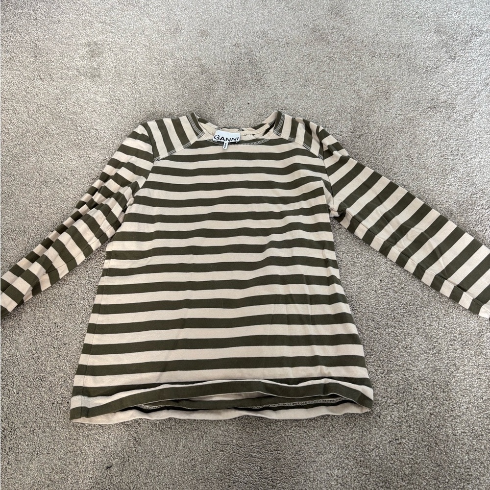 Ganni Kids Long Sleeve Shirt - Olive and Cream Stripes